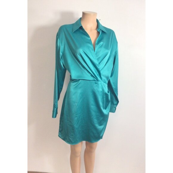 Green Satin Wrap Dress Womens Medium - Picture 1 of 9